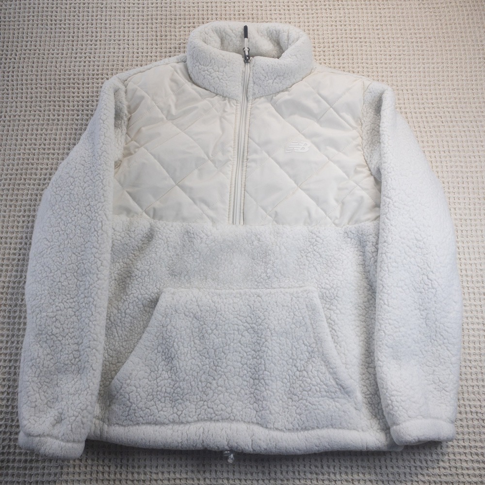 New Balance Mens Small Sherpa Fleece Quilted Quarter Zip Pullover Jacket White